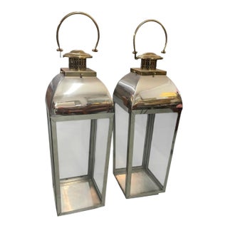 Pair of Vintage Hollywood Regency Style Polished Nickel & Brass Large Floor Lanterns For Sale