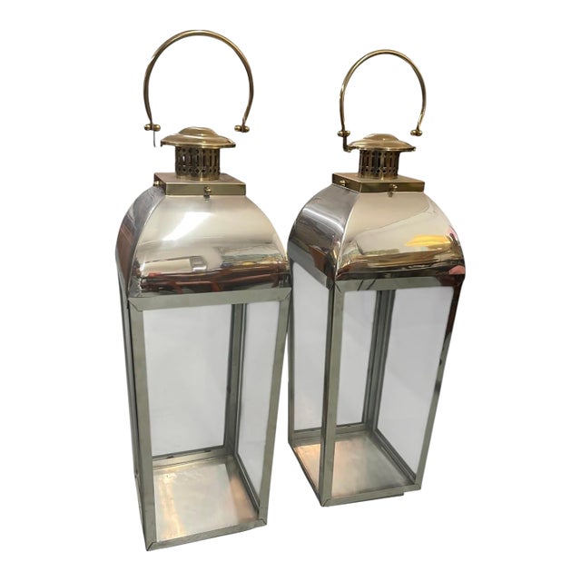 Pair of Vintage Hollywood Regency Style Polished Nickel & Brass Large Floor Lanterns For Sale