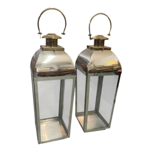 Pair of Vintage Hollywood Regency Style Polished Nickel & Brass Large Floor Lanterns
