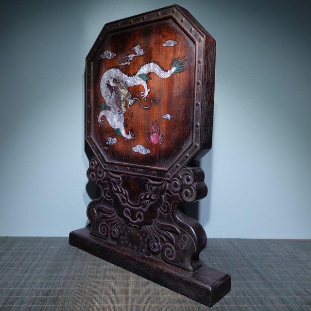 Ebony Antique Chinese Ebony Table Screen With Mother-of-Pearl Dragon Inlay For Sale - Image 8 of 9