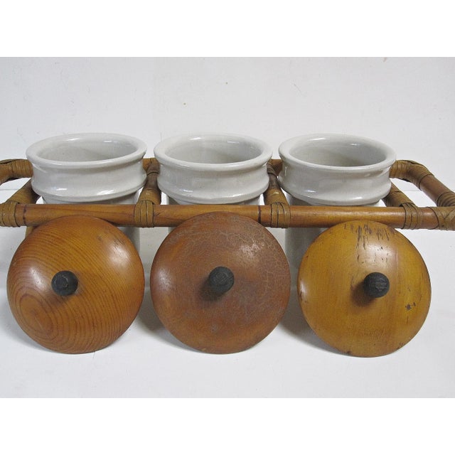 1930s Set of 3 Vintage French Ironstone Apothecary Jars Canisters With Wooden Lids and Carrier, Circa 1930s For Sale - Image 5 of 10