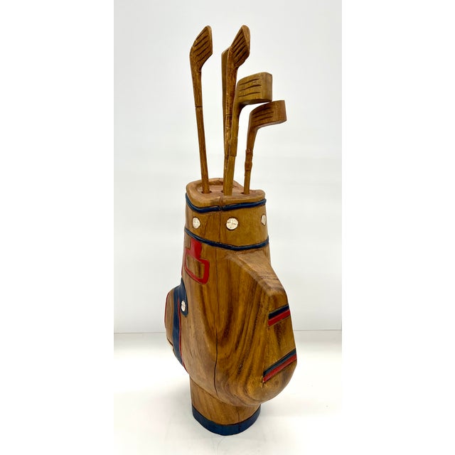 Vintage Hand-Carved Wooden Golf Bag & Clubs – Folk Art Sculpture With Removable Clubs For Sale - Image 4 of 7
