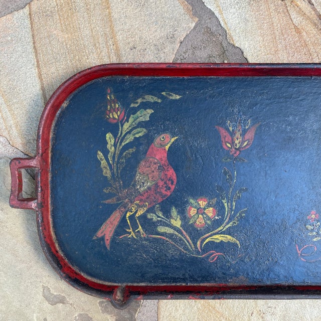 Metal 1950s Vintage Folk Painted Cast Iron Serving Tray For Sale - Image 7 of 9