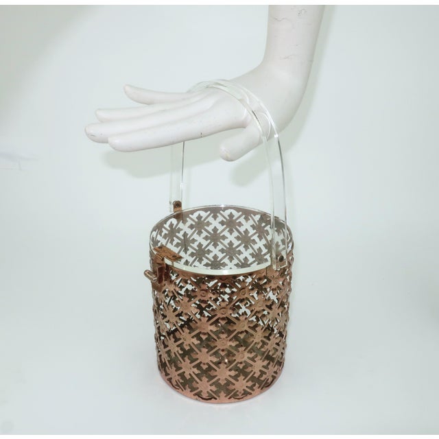 Pierced Metal Filigree & Lucite Cylinder Box Handbag, 1950's For Sale - Image 14 of 14