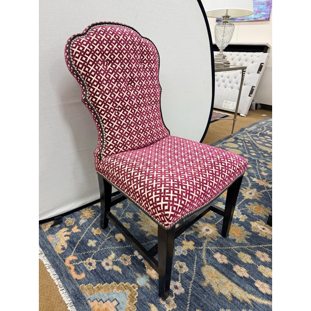 Magenta Set of 4 Custom Upholstered Burgundy Geometric Velvet Dining Chairs For Sale - Image 8 of 8