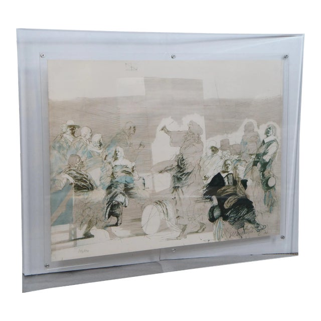 Vintage Renaissance Sketch Lithograph of Scholars Philosophers in an Acrylic Frame For Sale