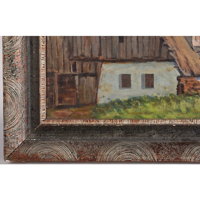 Paint Early 20th Century Oil Painting European Barn Landscape in Faux Bois Frame For Sale - Image 7 of 13