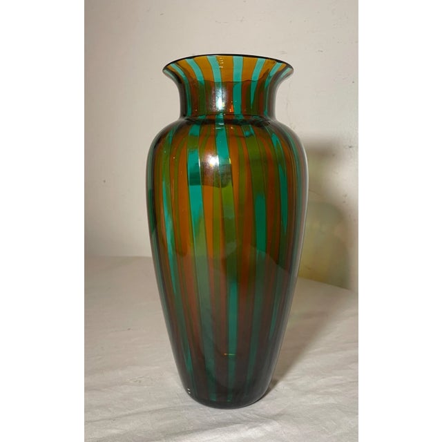 Vintage Veart Venezia Venetian Italian Art Hand Blown Caned Green Glass Vase For Sale - Image 4 of 12