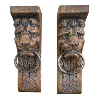 Pair of Antique French Victorian Carved Lion’s Heads Architectural Fragments For Sale