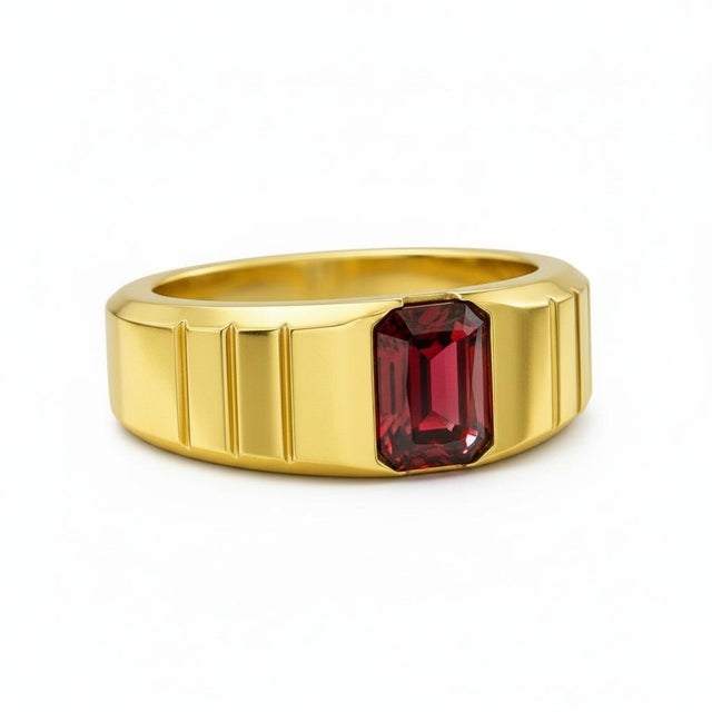 Silver, Gold Round Garnet Ring For Men's. Mens Solitaire Garnet Ring. Baguette Cut Garnet Ring. Metal: 925 silver plus 14k...