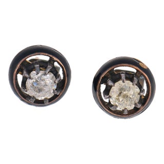 Late 19th Century Pair of Victorian Old Mine Cut Diamond Rose Gold Silver Enamel Stud Earrings For Sale