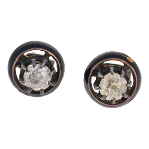 Late 19th Century Pair of Victorian Old Mine Cut Diamond Rose Gold Silver Enamel Stud Earrings