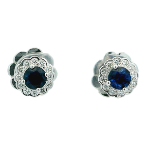 Sapphire and Diamond Floral Cluster Stud Earrings in 14k White Gold, A Pair
