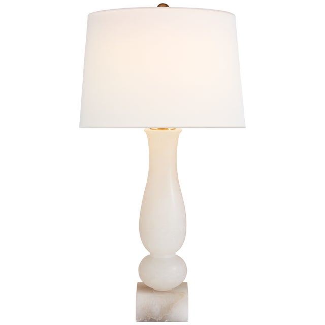 Modern Chapman & Myers by Visual Comfort Signature Contemporary Balustrade Table Lamp in Alabaster with Linen Shade For Sale - Image 3 of 3
