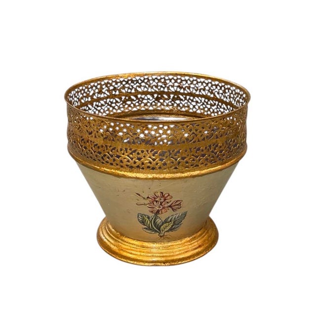 Vintage Hand-Painted Toleware Cache-Pot With Gilt Reticulated Gallery For Sale In West Palm - Image 6 of 11