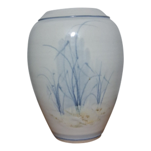F-005 Mid-Century Studio Pottery Vase - Hand-Painted Blue Grass Motif - Artist Signed