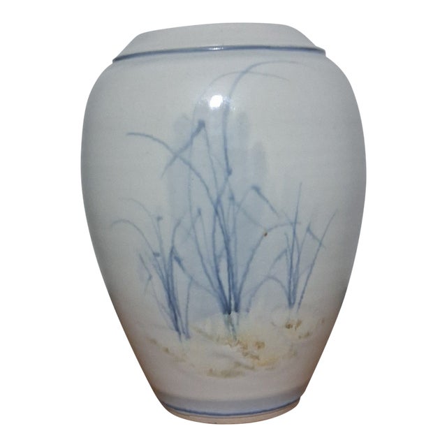 Mid-Century Studio Pottery Vase - Hand-Painted Blue Grass Motif - Artist Signed For Sale