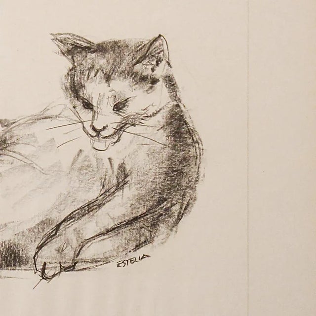 Modern Estella Den Boer, Cat, 1970s, Charcoal Drawing For Sale - Image 3 of 6