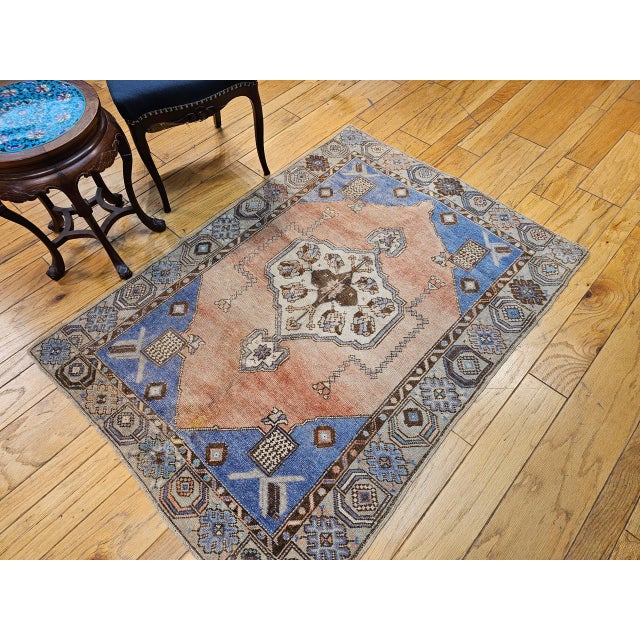 Textile Vintage Turkish Oushak Area Rug, Hand-Knotted Wool, Blue & Tan, 4' x 6' For Sale - Image 7 of 15