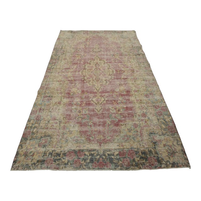 Tabriz Rug 6’3” X 10′ Pink Wool Vintage Distressed Hand-Knotted Carpet For Sale
