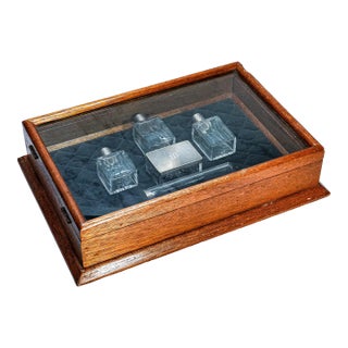 Classic Antique Oak Wood Display Case With Glass Top Velvet Lining Showcase Box For Sale