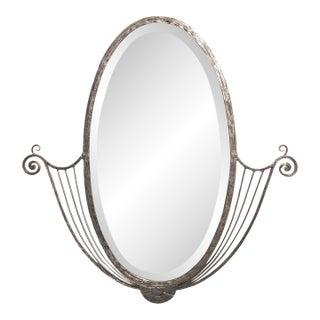French Art Deco Hand Wrought Nickeled Iron Oval Mirror W/ Linear & Scroll Detail For Sale