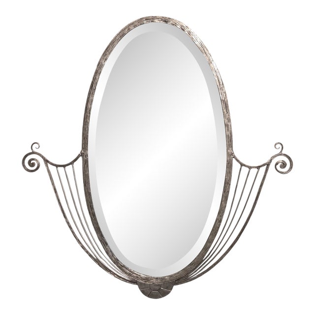 French Art Deco Hand Wrought Nickeled Iron Oval Mirror W/ Linear & Scroll Detail For Sale