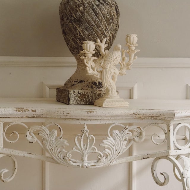 Cream Console Table with Openwork Metal Frame and Scrollwork Ornamentation For Sale - Image 8 of 11