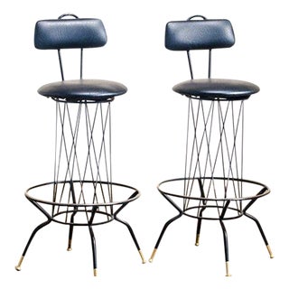 Mid-Century Black & Brass Barstools For Sale