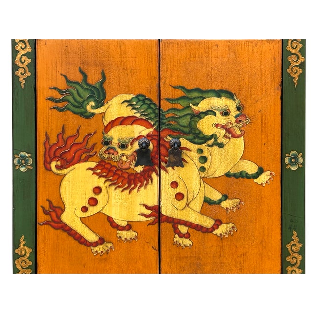 1990s Tibetan Style Green Ochre Two Snowlions End Table Nightstand For Sale - Image 5 of 15