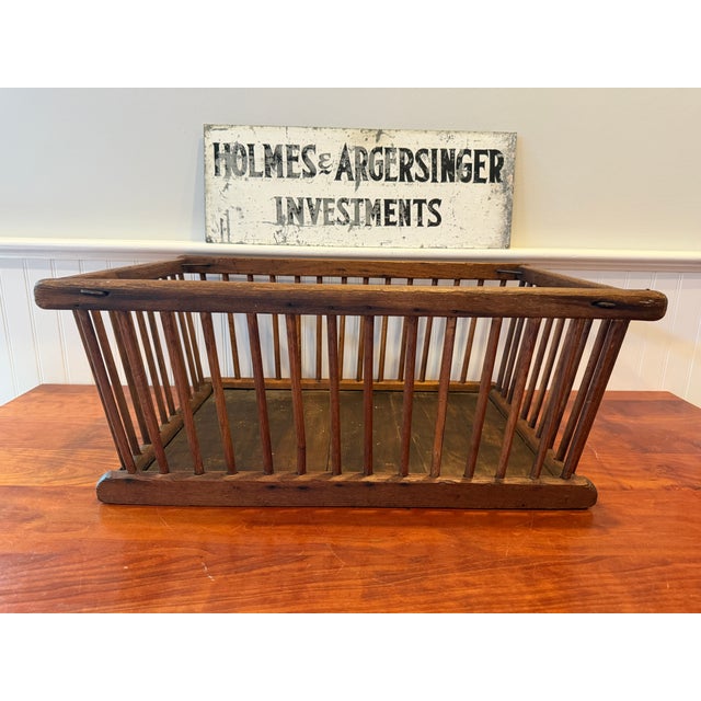 Large Antique Oak Slat Market Basket | Primitive General Store Produce Display Crate | Mission Style Farmhouse Storage For Sale - Image 16 of 17