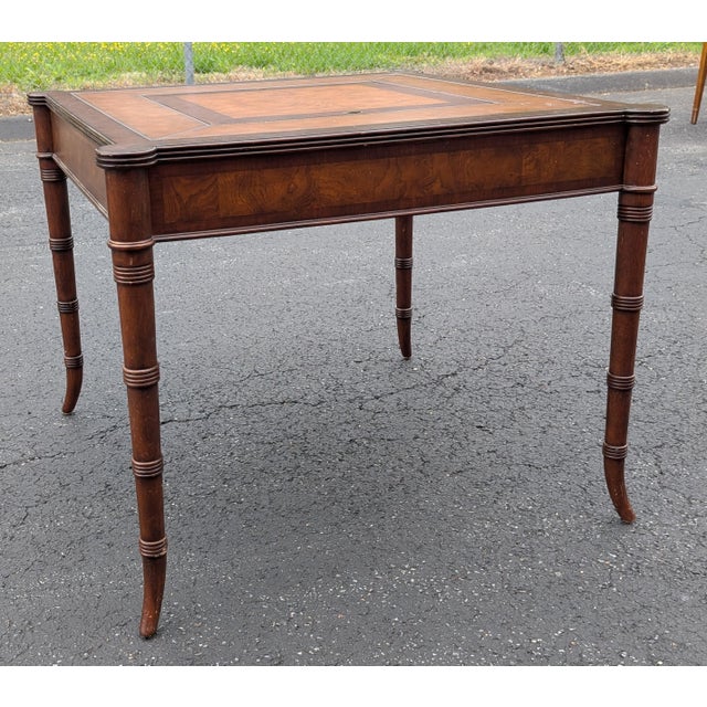 Ethan Allen Mid 20th Century Ethan Allen Hollywood Regency Inlaid Leather Game Table With Cane-Cut Legs For Sale - Image 4 of 14