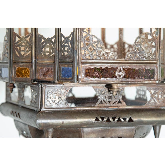 Vintage Moroccan Hanging Lantern Clear and Multicolor Glass Made in Marrakech For Sale - Image 10 of 12