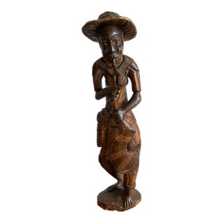 Vintage Large Wooden Folk Art Carving/Statue of a Man With a Pipe For Sale