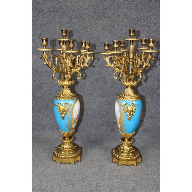 Pair of French Late 19th Century Sevres Style Porcelain and Bronze Candelabras For Sale In Philadelphia - Image 6 of 13