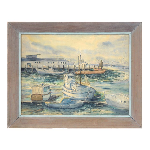 Boats at the Harbor - Nautical Seascape by Clarence Albert Taubenhein For Sale