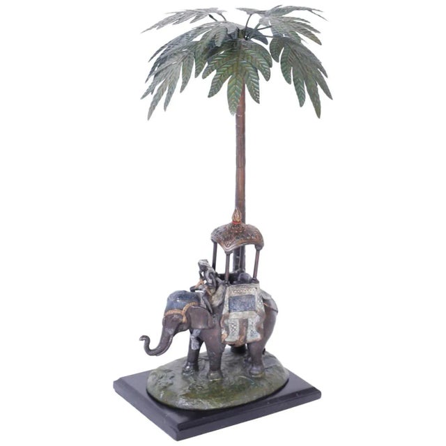 Bronze Cold Painted Metal Figure of an Elephant under a Palm Tree For Sale - Image 8 of 8