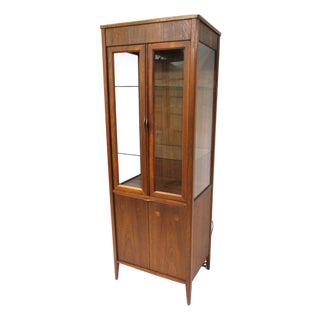 Mid Century Tall Walnut Curio Display Cabinet in the Style of Danish Modern For Sale