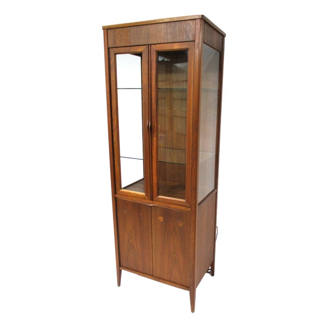 Mid Century Tall Walnut Curio Display Cabinet in the Style of Danish Modern For Sale