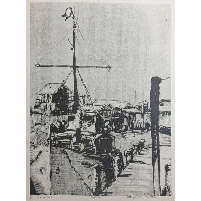 Rustic Vintage Sally Gee Pettus Texas Gulf Coast Harbor Lithographs - Set of 3 For Sale - Image 3 of 8