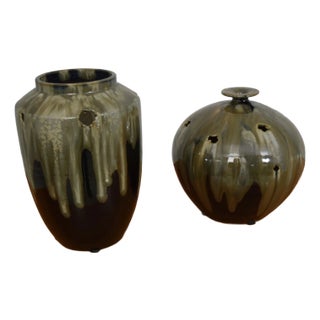 Pair Stickley Audi Drip Glaze Arts & Crafts Pottery Vases For Sale