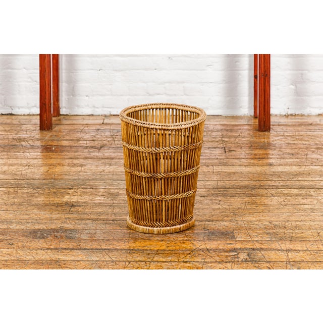 Country Style Rattan Waste Basket with Braided Woven Accents and Tapering Lines For Sale - Image 4 of 12