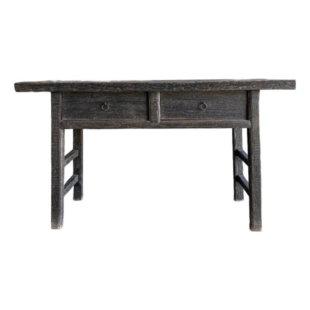 Vintage Elm Wood Console Painted Finish With 2 Drawers For Sale