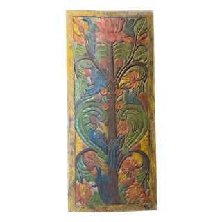 Vintage Hand-Painted Tree of Life Wood Wall Panel With Carved Peacock & Lotus Art 84x36 For Sale