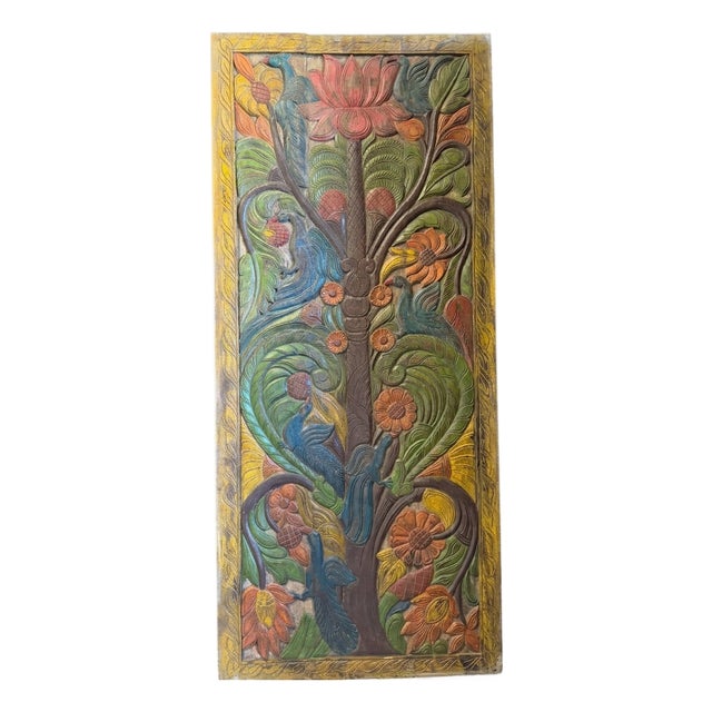 Vintage Hand-Painted Tree of Life Wood Wall Panel With Carved Peacock & Lotus Art 84x36 For Sale