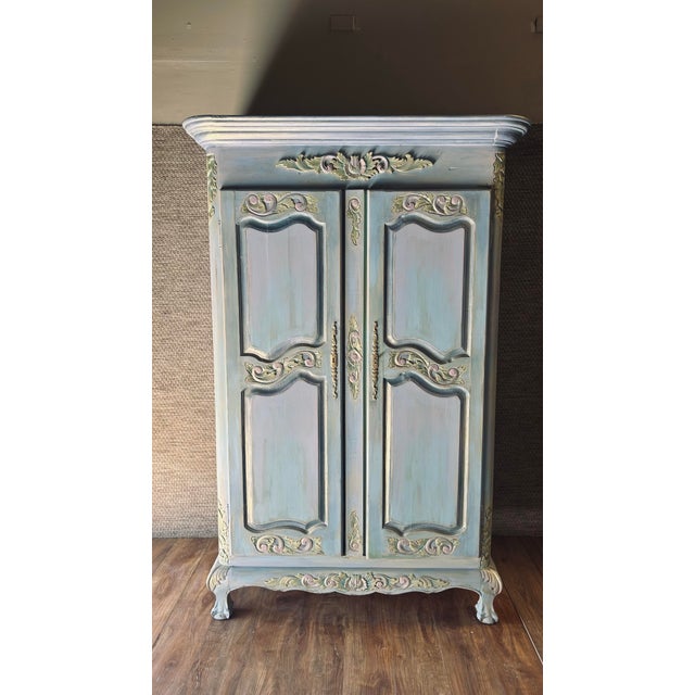 Gorgeous Whimsical and Romantic Blue Vintage French Provincial Armoire Custom Hand Painted. For Sale - Image 12 of 12
