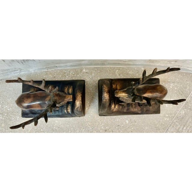 Metal Vintage Sculptural Bronze-Clad Cast Iron Elk, Stag, Deer With Antlers Bookends- A Pair For Sale - Image 7 of 12