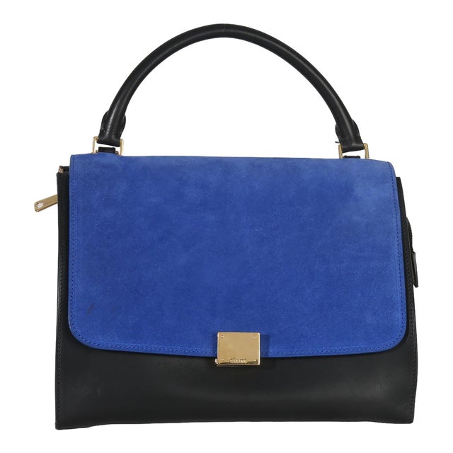 Blue Black Cream Suede Grained Calfskin Small Trapeze Bag For Sale