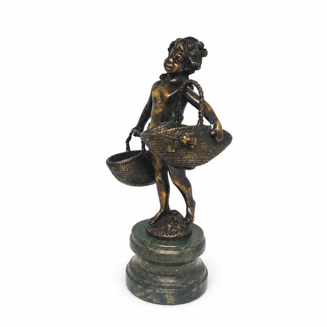 Metal Suzanne Bizard, Child with Two Baskets, 1890s, Bronze and Marble For Sale - Image 7 of 9