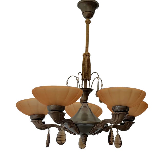 5-Arm Chandelier in Brass and Havana Glass, Sweden, 1930s For Sale